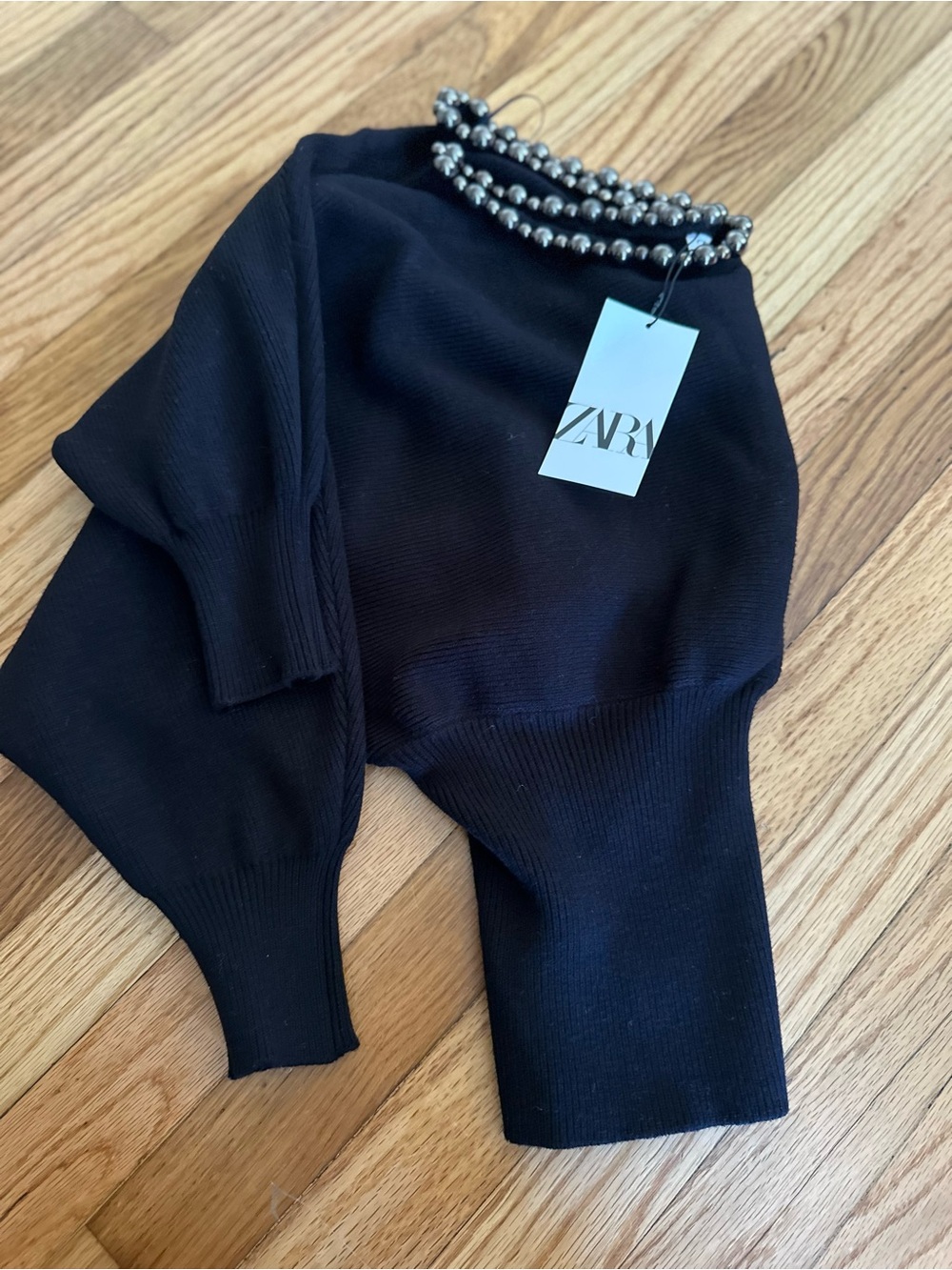 Zara Black Knit Top with Pearl-Trim Neckline - Picture 3 of 3